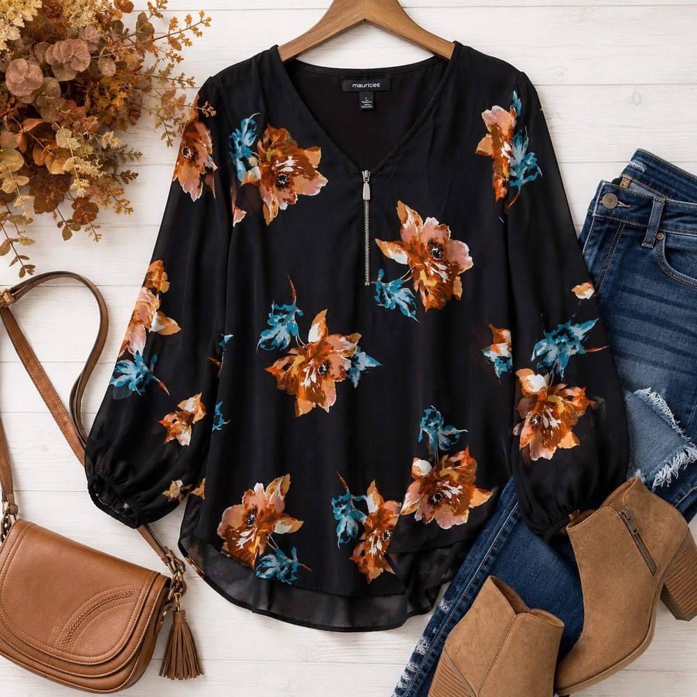 Maurices Floral Blouse Women's Large Black Boho Peasant Top Long Sleeve V-Neck
